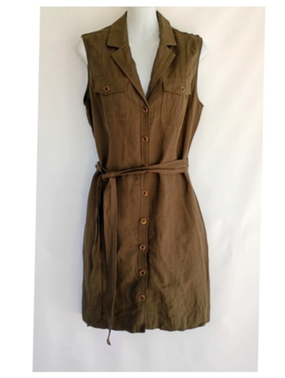 Banana Republic Olive Green Safari Sleeveless Linen Button Utility Shirt Dress 6
